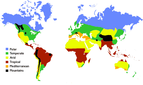 World climatic zones map with color-coded regions.