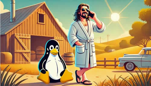 Man with penguin outside barn and car