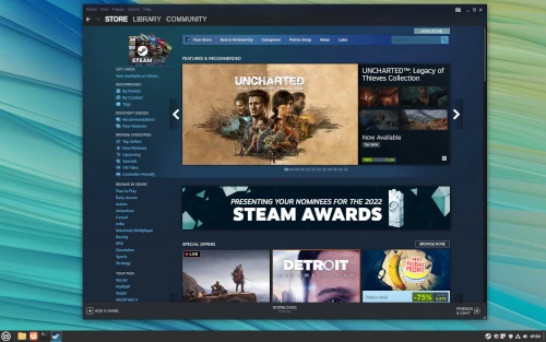 Steam store homepage with game promotions visible.