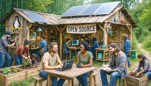 People collaborating at an open-source outdoor workspace.