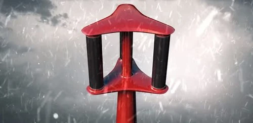 Éolienne verticale rouge sous la neige