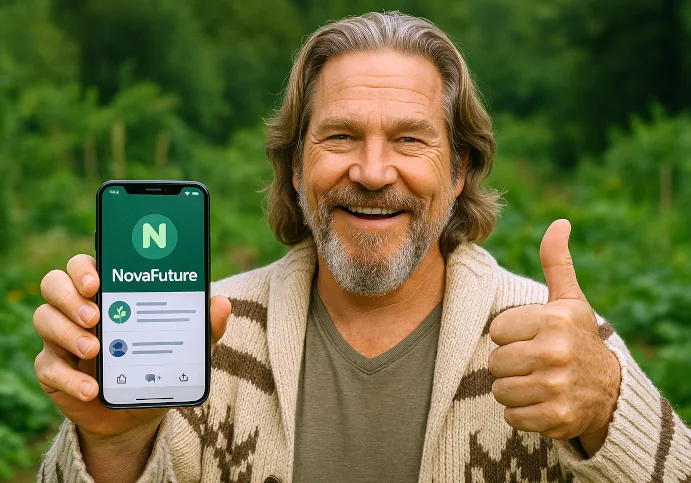 Man holding phone with NovaFuture app, smiling.