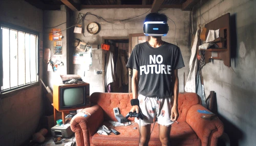 Person with VR headset in a cluttered room.