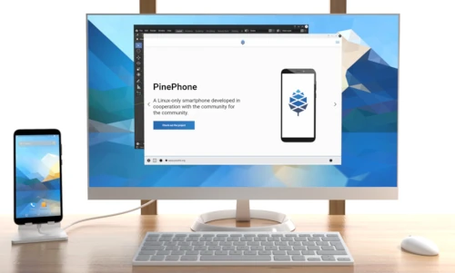 Ordinateur affichant PinePhone, smartphone Linux communautaire.