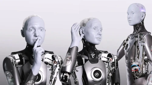 Trois robots humanoïdes Ameca en pose réfléchie.